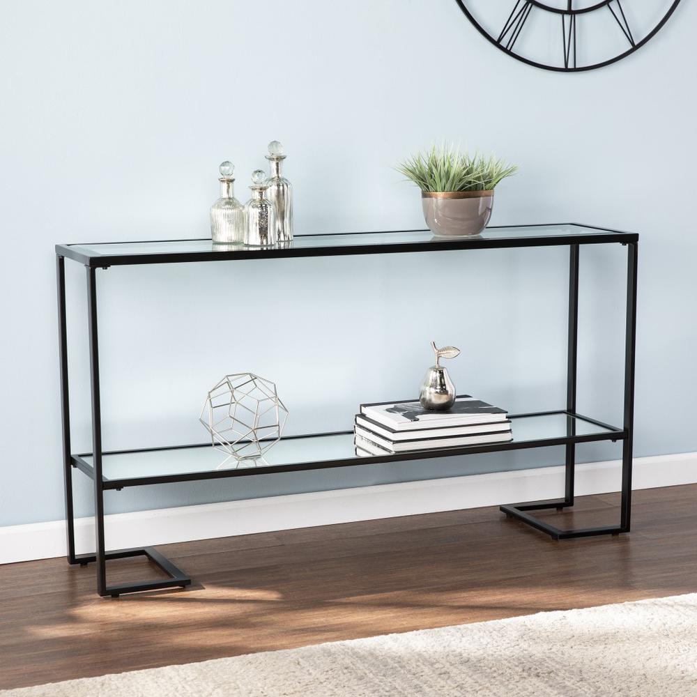 52" Clear and Black Glass Mirrored Frame Console Table With Storage. Picture 7
