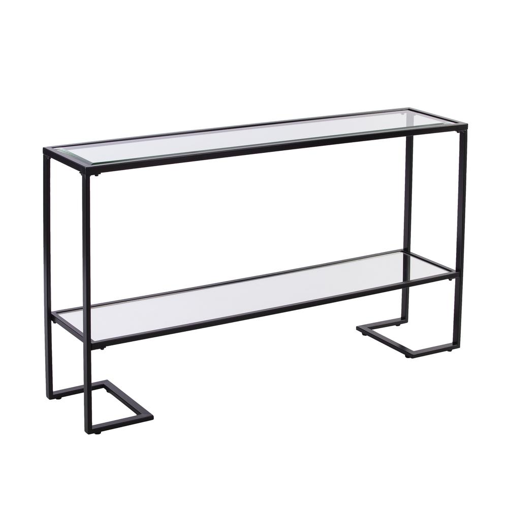 52" Clear and Black Glass Mirrored Frame Console Table With Storage. Picture 1