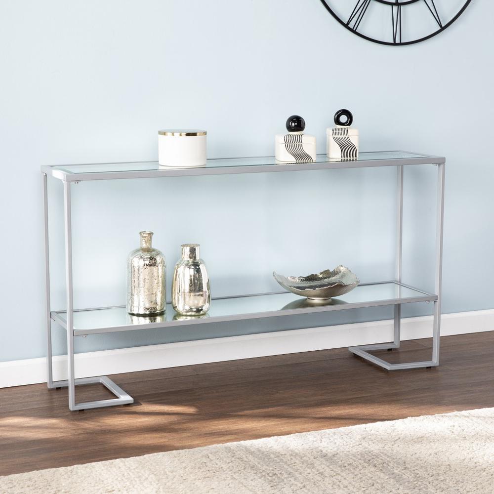 52" Clear and Silver Glass Mirrored Frame Console Table With Storage. Picture 6