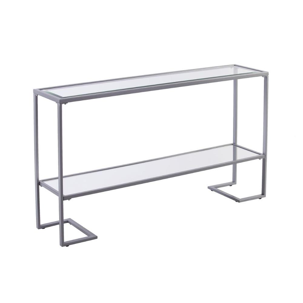 52" Clear and Silver Glass Mirrored Frame Console Table With Storage. Picture 1