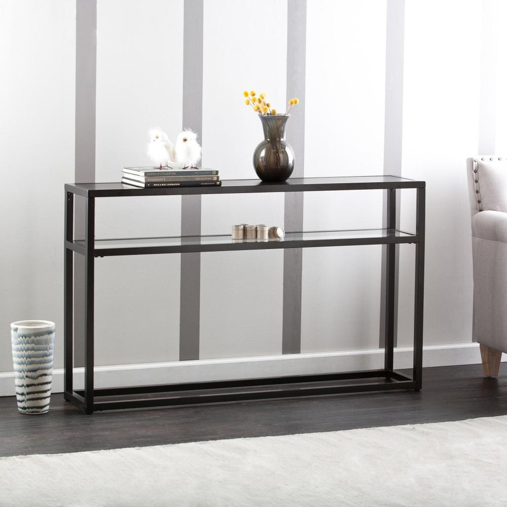 50" Black Glass Frame Console Table With Storage. Picture 3
