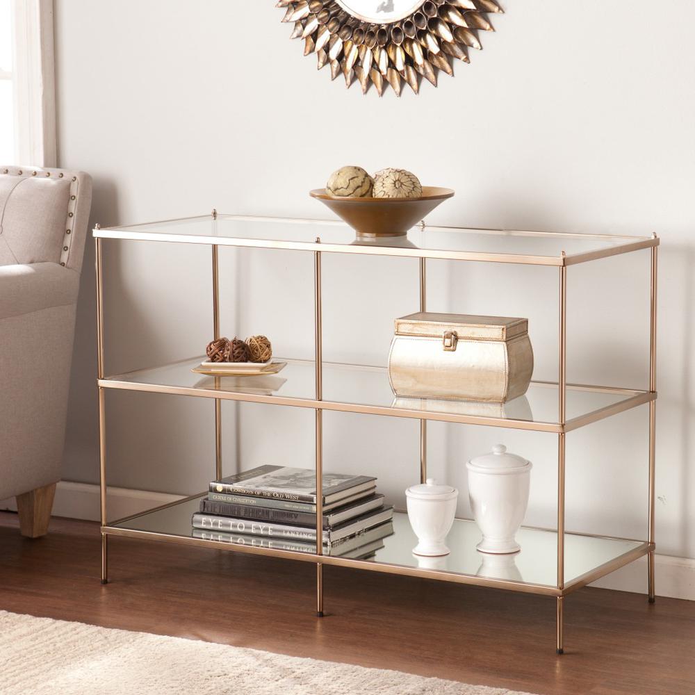 42" Clear and Gold Glass Mirrored Floor Shelf Console Table With Storage. Picture 7