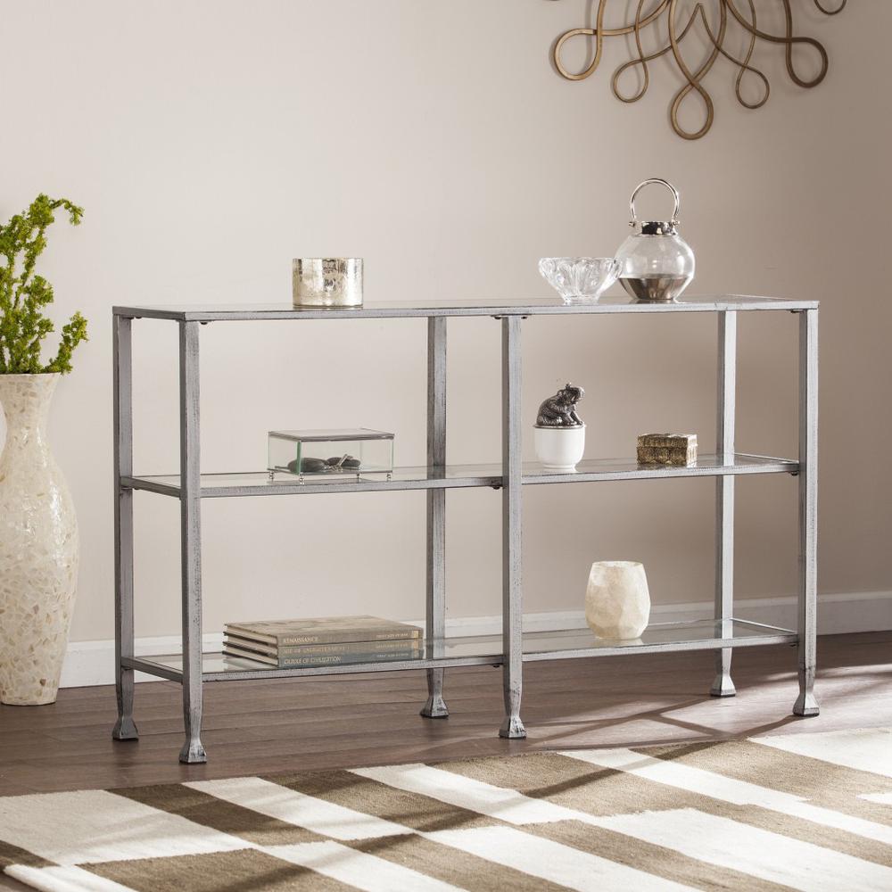 49" Clear and Silver Glass Distressed Floor Shelf Console Table With Storage. Picture 7