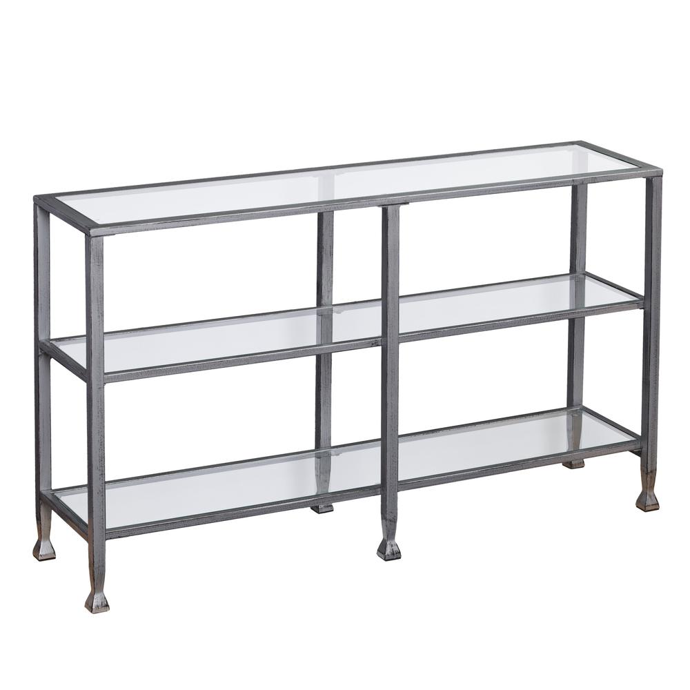 49" Clear and Silver Glass Distressed Floor Shelf Console Table With Storage. Picture 1