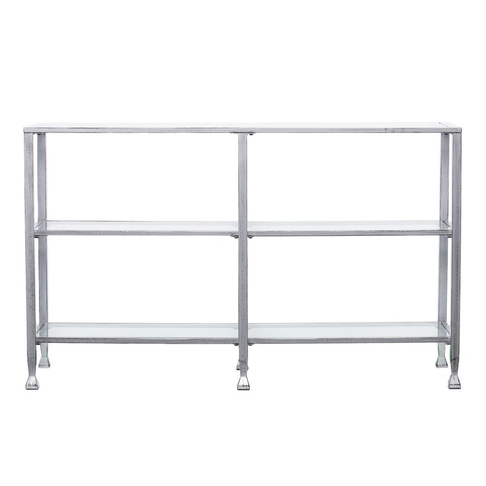 49" Clear and Silver Glass Distressed Floor Shelf Console Table With Storage. Picture 2