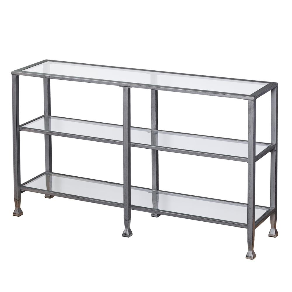 49" Clear and Silver Glass Distressed Floor Shelf Console Table With Storage. Picture 3