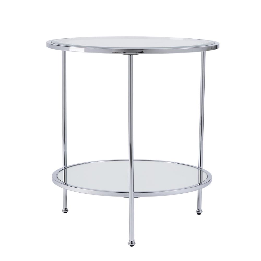 26" Chrome Glass And Iron Round Mirrored End Table With Shelf. Picture 1