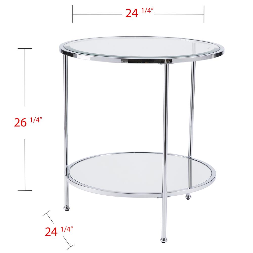 26" Chrome Glass And Iron Round Mirrored End Table With Shelf. Picture 4