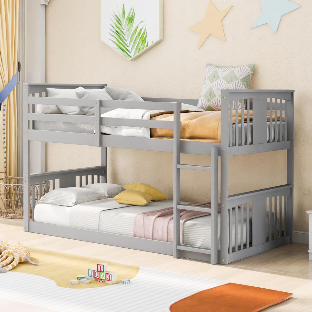 Gray Classic Twin Over Twin Bunk Bed with Ladder. Picture 6