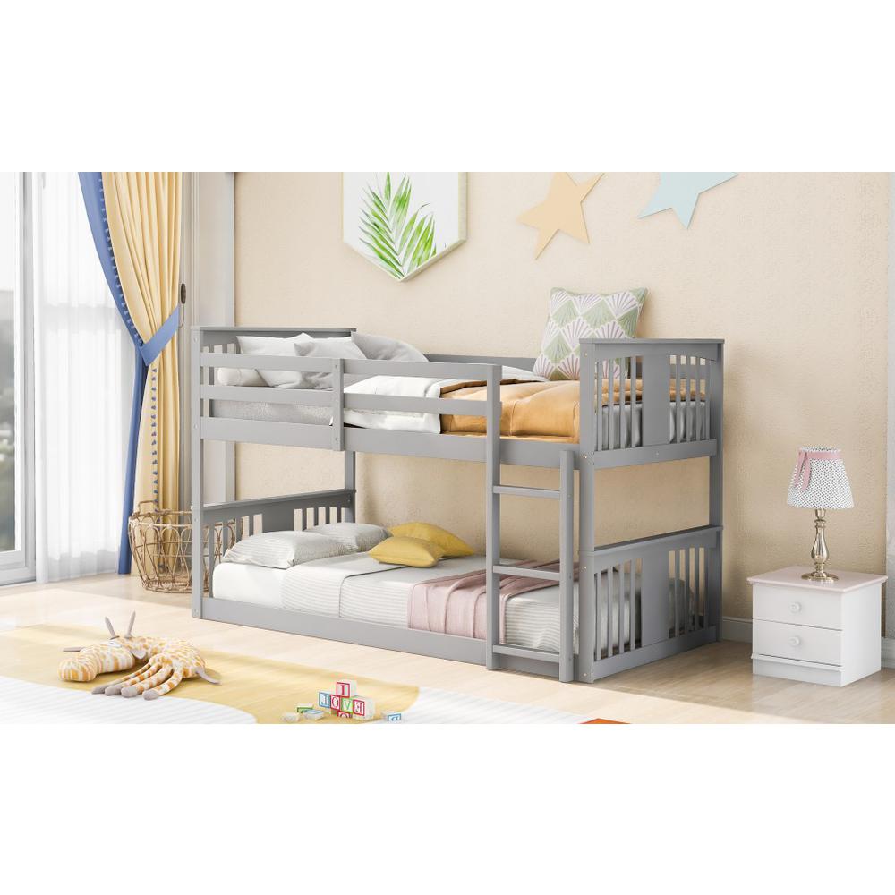 Gray Classic Twin Over Twin Bunk Bed with Ladder. Picture 7