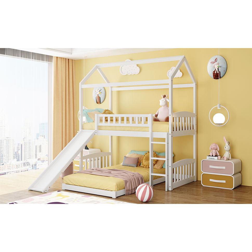 White Playhouse Frame Full Over Full Perpendicular Bunk Bed with Slide. Picture 8