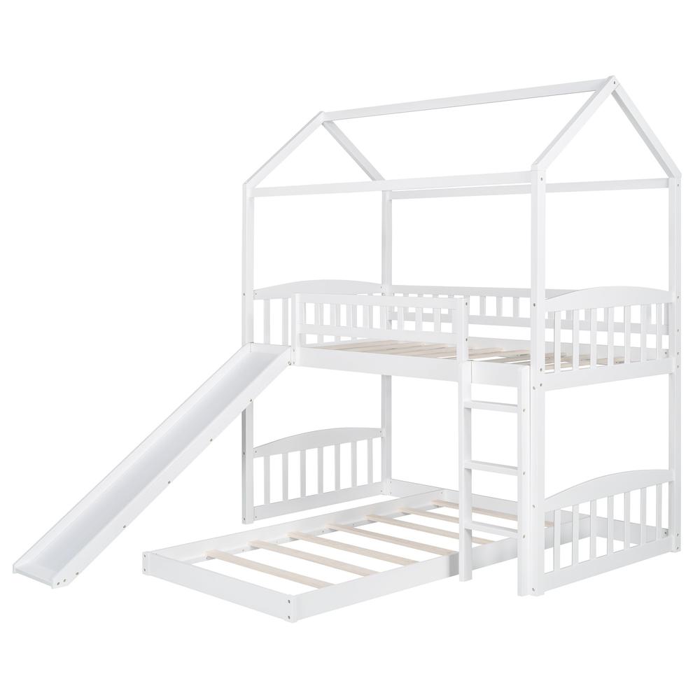 White Playhouse Frame Full Over Full Perpendicular Bunk Bed with Slide. Picture 1