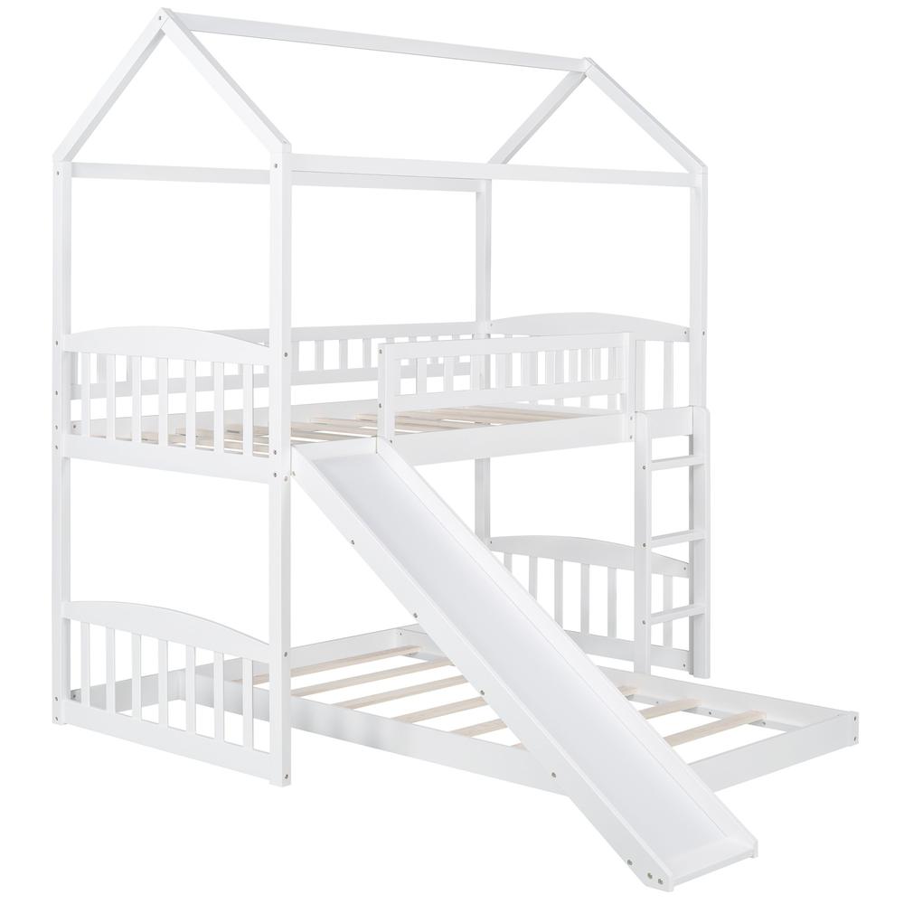 White Playhouse Frame Full Over Full Perpendicular Bunk Bed with Slide. Picture 2