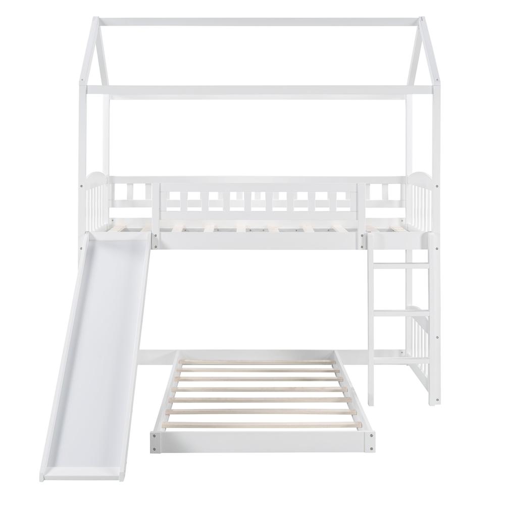 White Playhouse Frame Full Over Full Perpendicular Bunk Bed with Slide. Picture 3