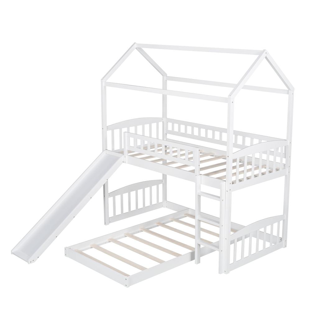 White Playhouse Frame Full Over Full Perpendicular Bunk Bed with Slide. Picture 4
