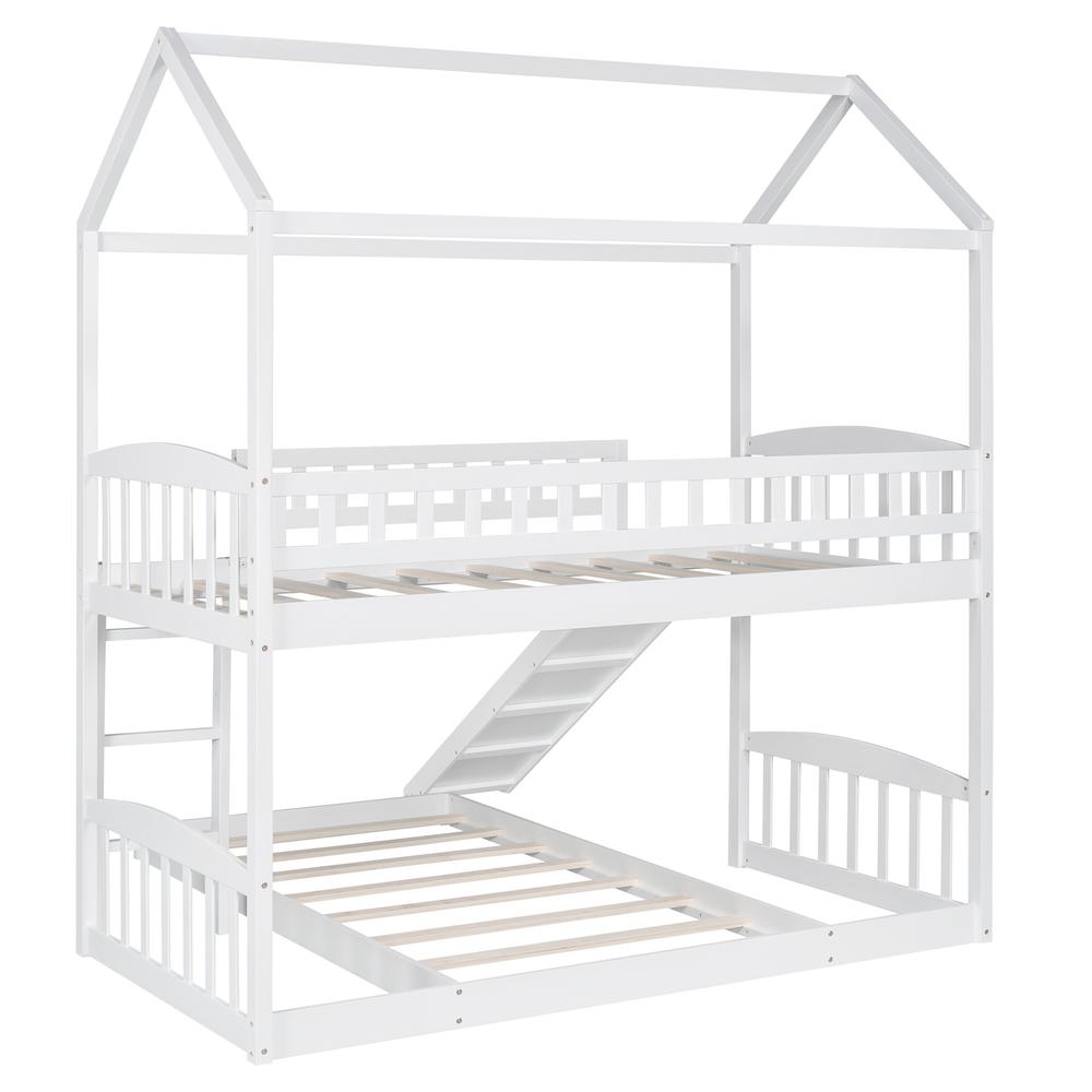 White Playhouse Frame Full Over Full Perpendicular Bunk Bed with Slide. Picture 5