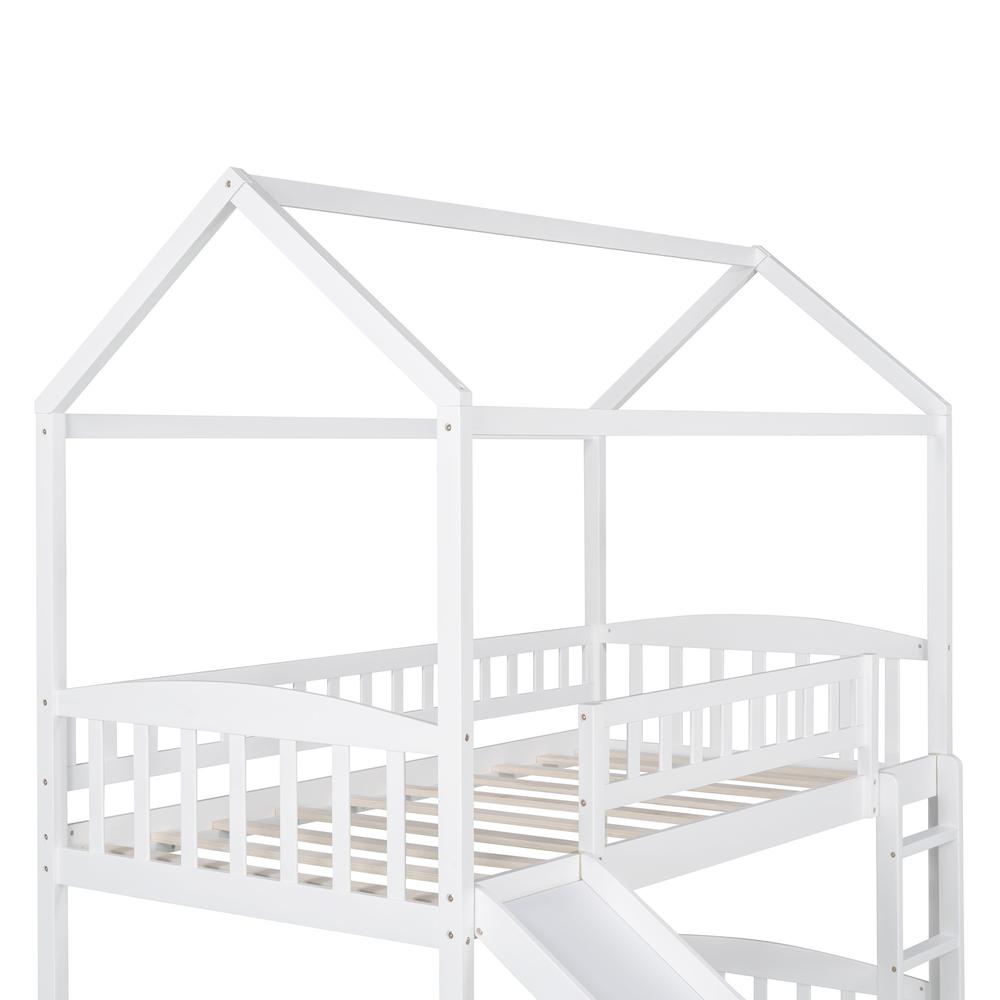 White Playhouse Frame Full Over Full Perpendicular Bunk Bed with Slide. Picture 6