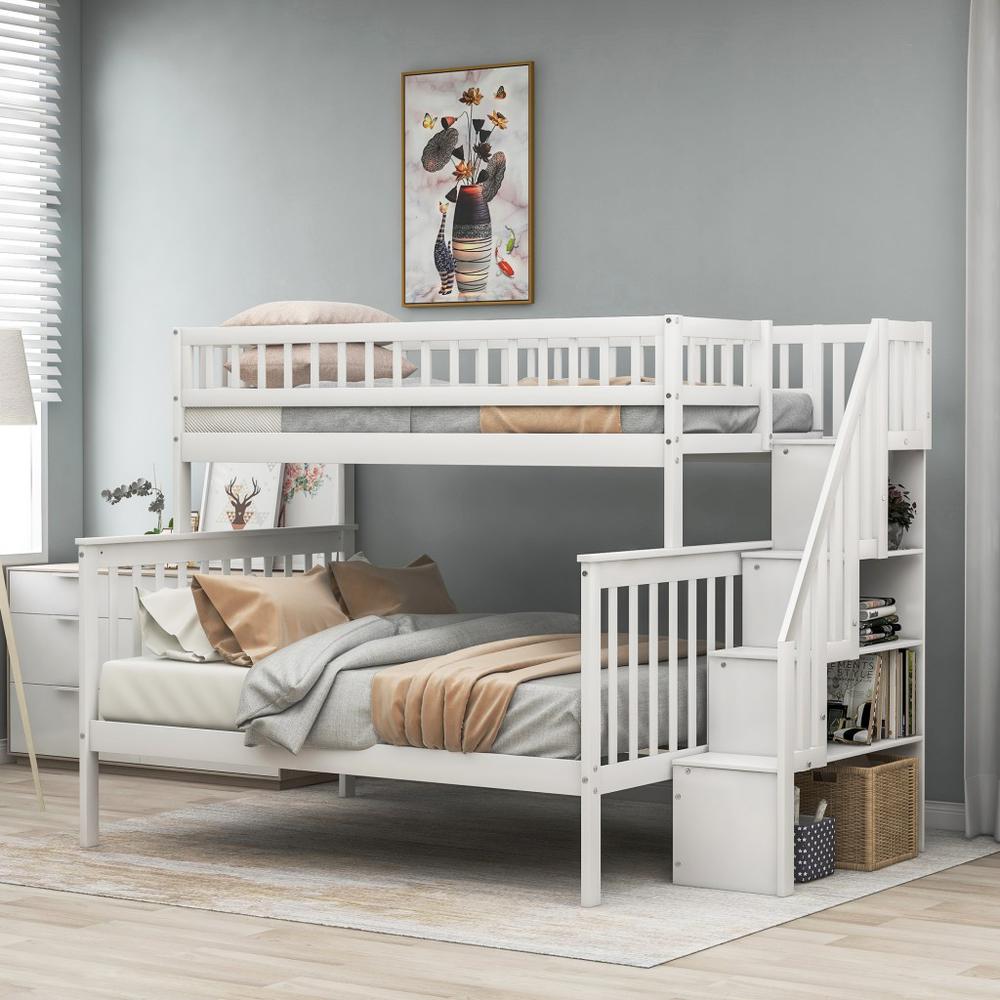 White Twin Over Full Farmhouse Style Bunk Bed with Staircase. Picture 5
