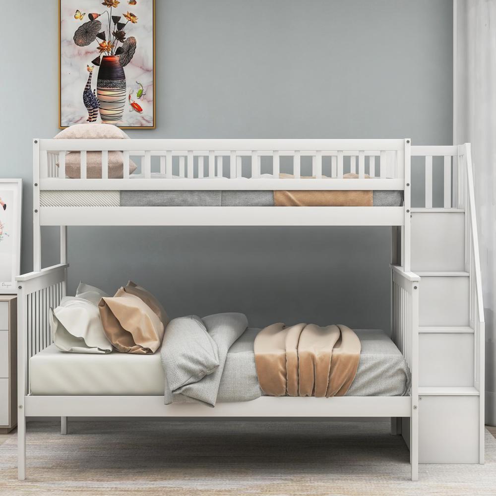 White Twin Over Full Farmhouse Style Bunk Bed with Staircase. Picture 6