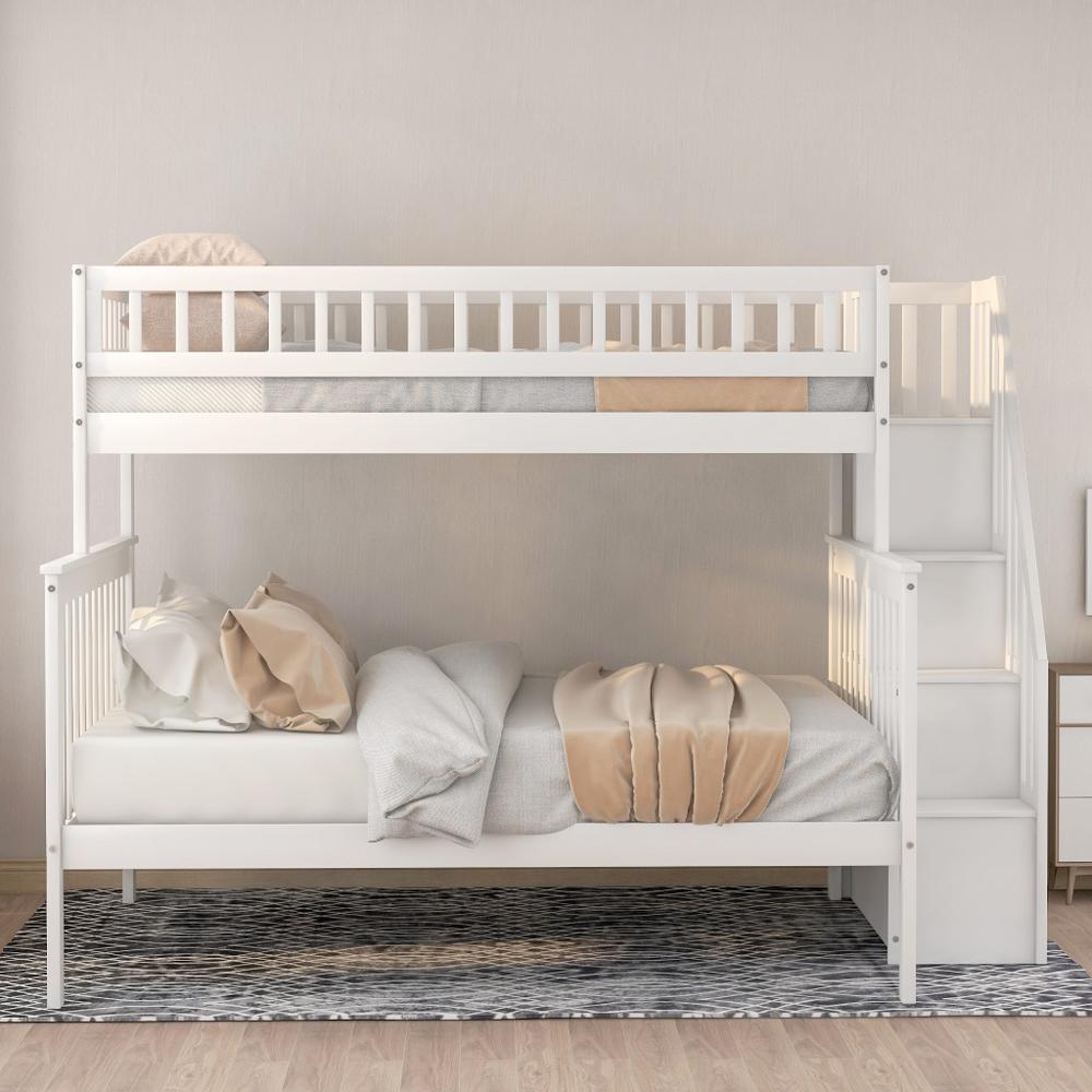 White Twin Over Full Farmhouse Style Bunk Bed with Staircase. Picture 7