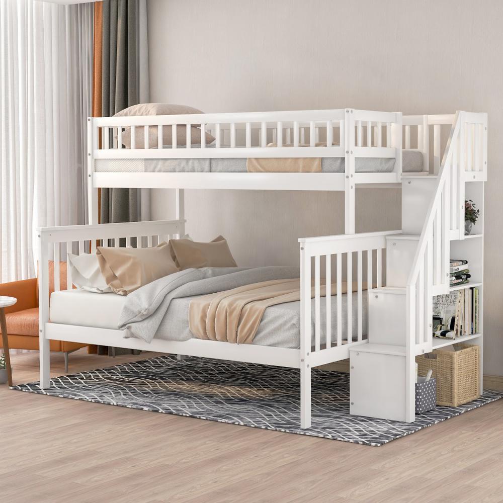 White Twin Over Full Farmhouse Style Bunk Bed with Staircase. Picture 8