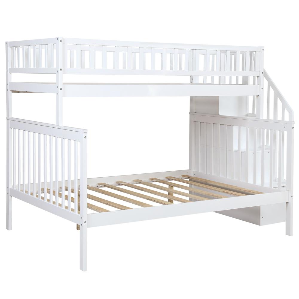 White Twin Over Full Farmhouse Style Bunk Bed with Staircase. Picture 1