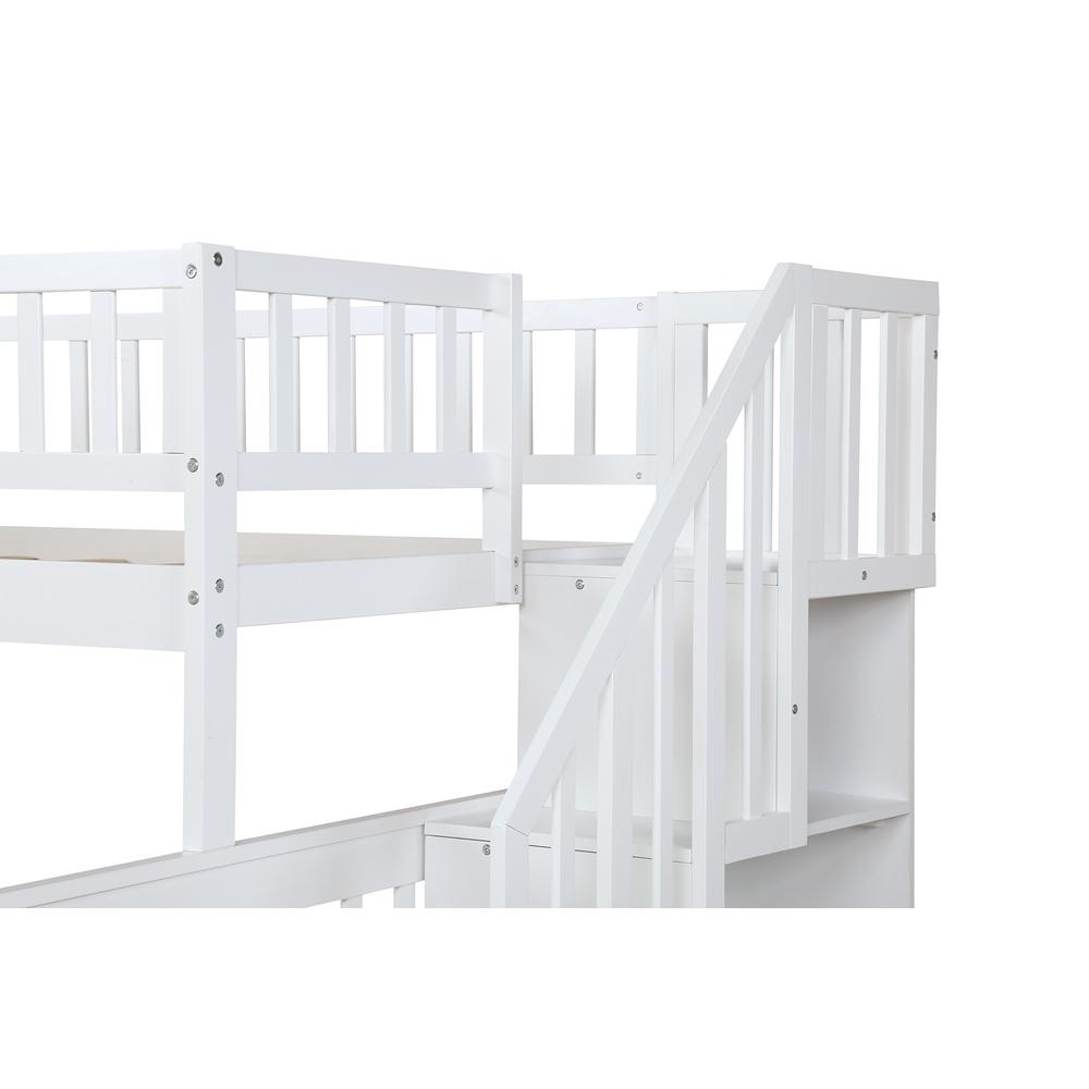 White Twin Over Full Farmhouse Style Bunk Bed with Staircase. Picture 2