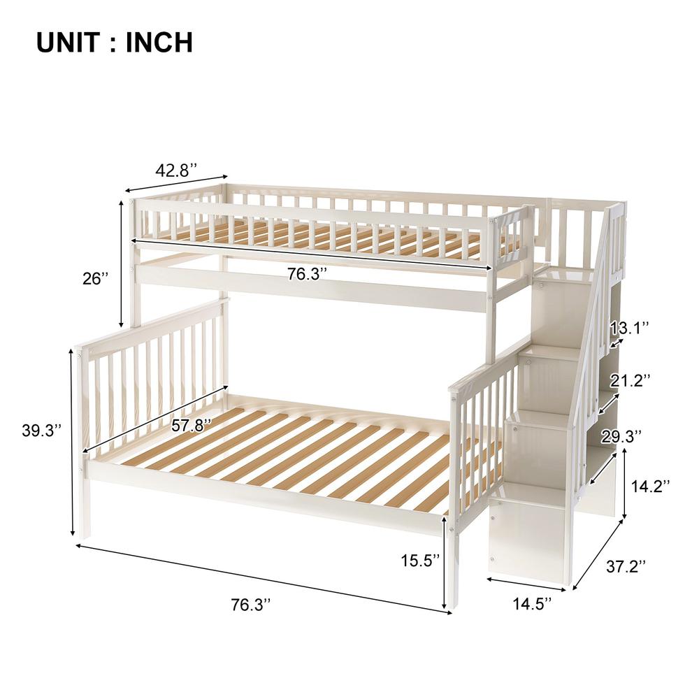 White Twin Over Full Farmhouse Style Bunk Bed with Staircase. Picture 9