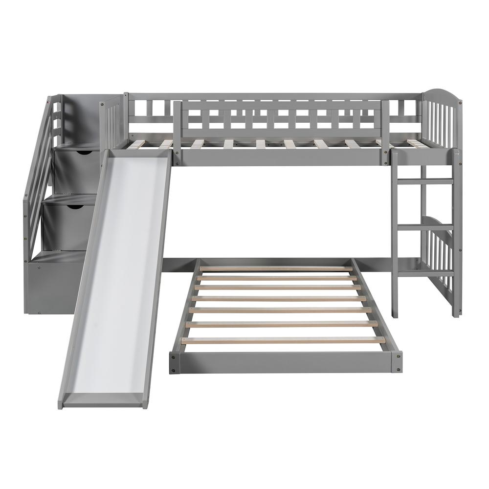 Gray Twin Over Twin Perpendicular Bunk Bed with Storage Stairs and Slide. Picture 2