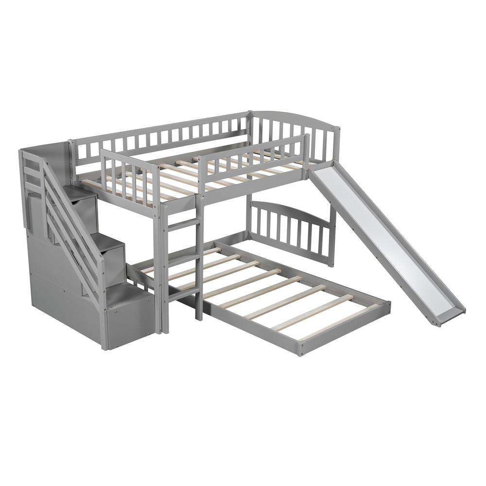 Gray Twin Over Twin Perpendicular Bunk Bed with Storage Stairs and Slide. Picture 4
