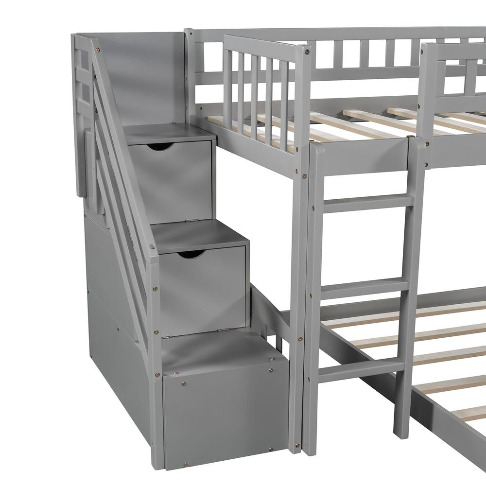 Gray Twin Over Twin Perpendicular Bunk Bed with Storage Stairs and Slide. Picture 7