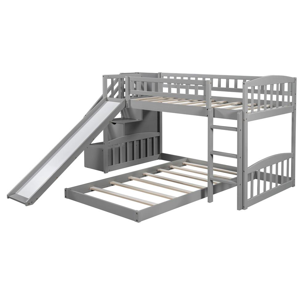 Gray Twin Over Twin Perpendicular Bunk Bed with Storage Stairs and Slide. Picture 5