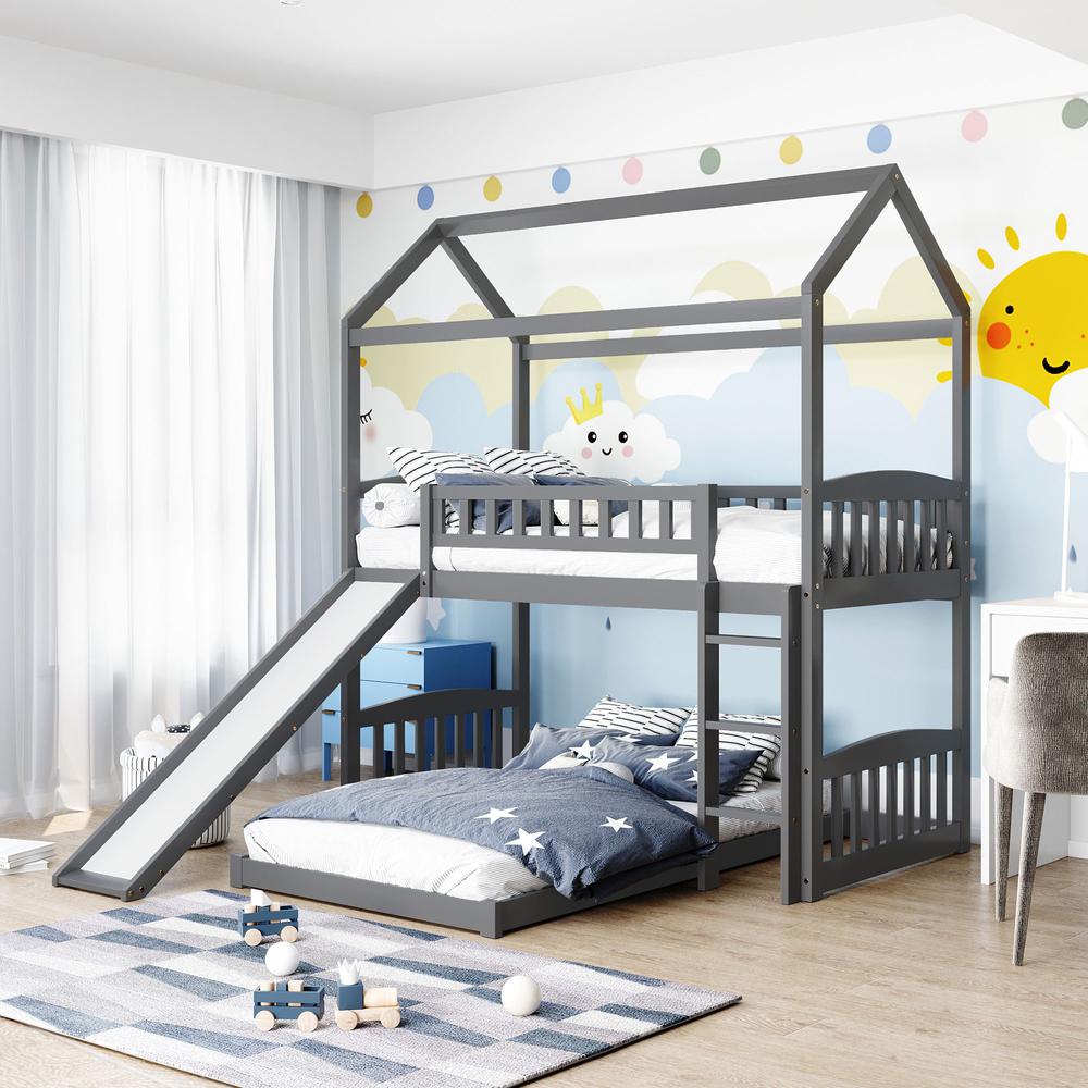 Gray Playhouse Frame Full Over Full Perpendicular Bunk Bed with Slide. Picture 7