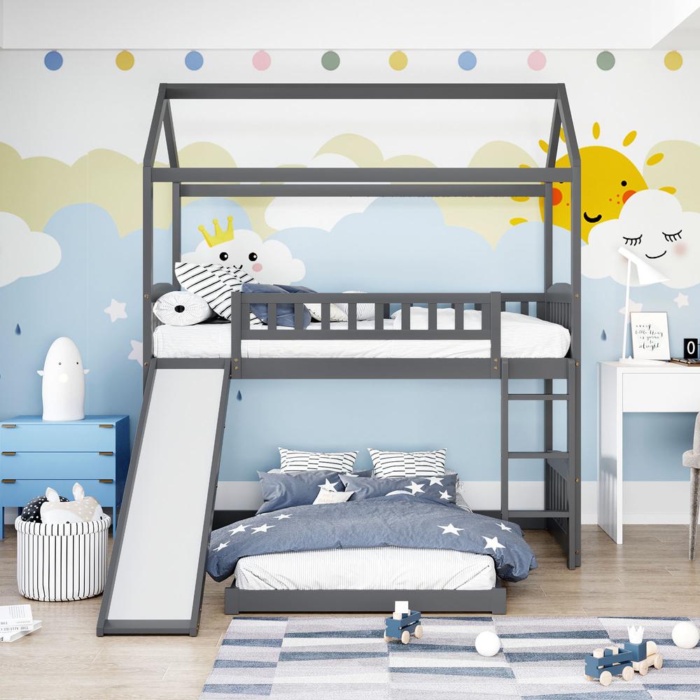 Gray Playhouse Frame Full Over Full Perpendicular Bunk Bed with Slide. Picture 8