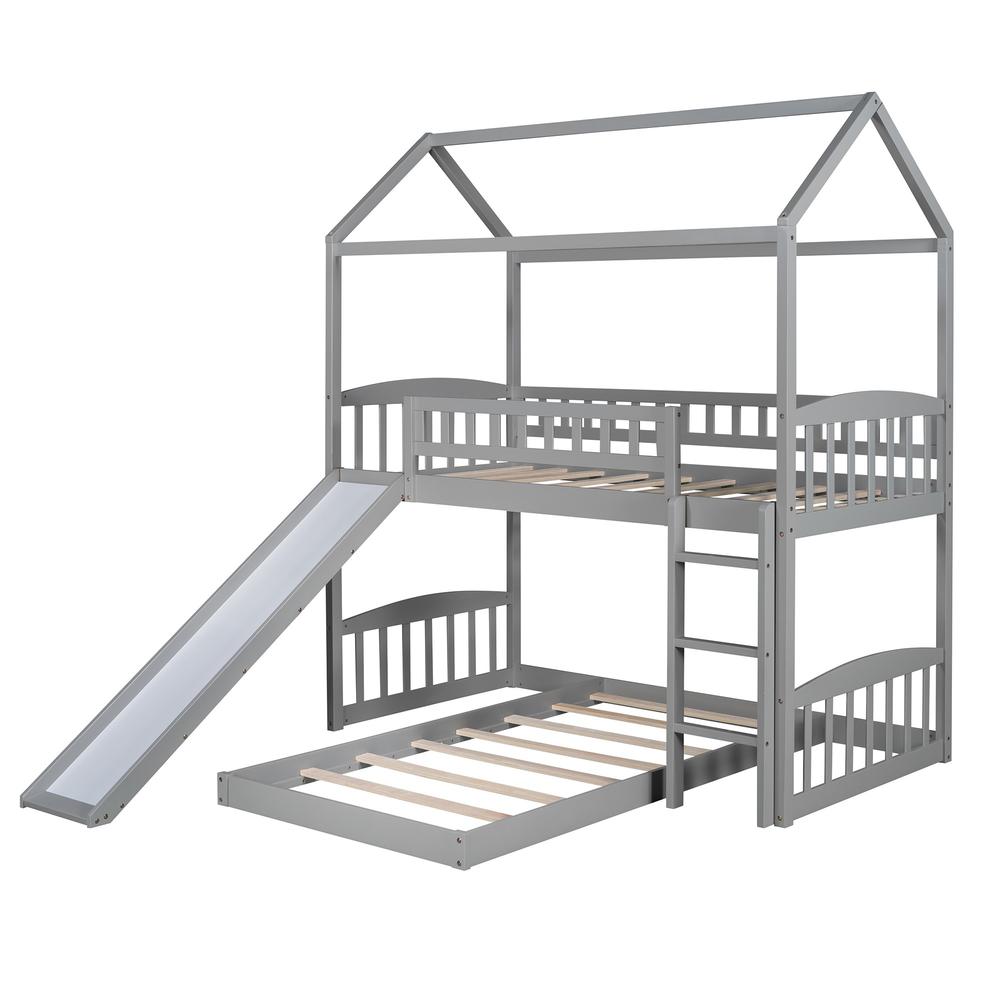 Gray Playhouse Frame Full Over Full Perpendicular Bunk Bed with Slide. Picture 1