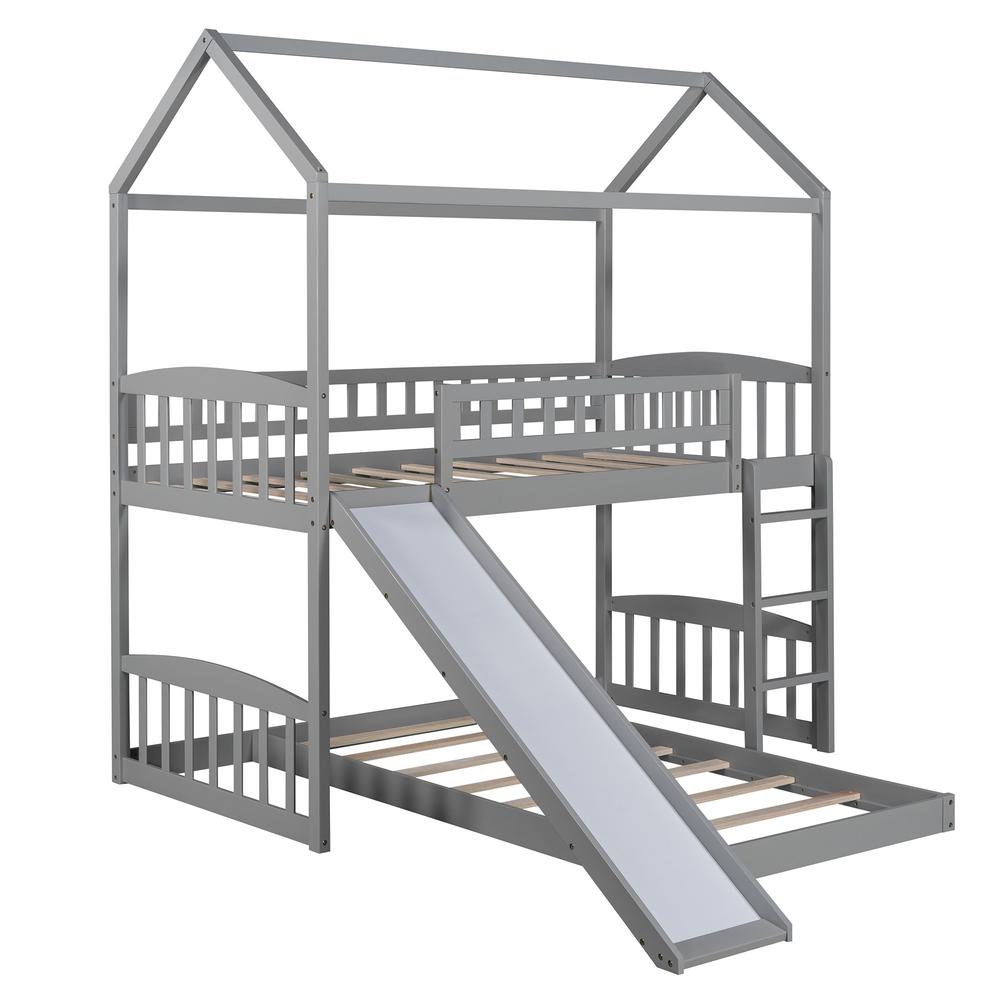 Gray Playhouse Frame Full Over Full Perpendicular Bunk Bed with Slide. Picture 2