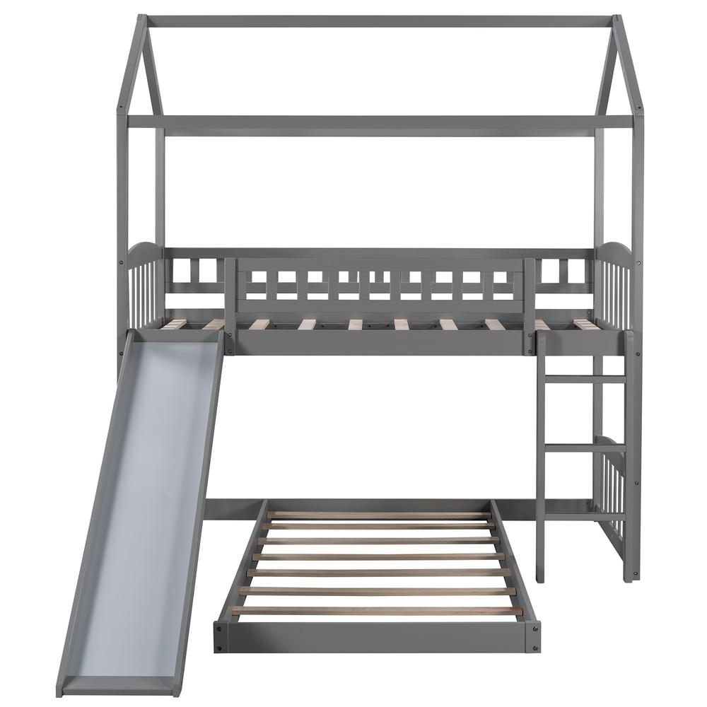 Gray Playhouse Frame Full Over Full Perpendicular Bunk Bed with Slide. Picture 3