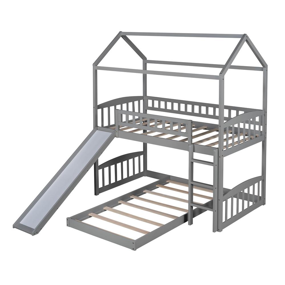 Gray Playhouse Frame Full Over Full Perpendicular Bunk Bed with Slide. Picture 4