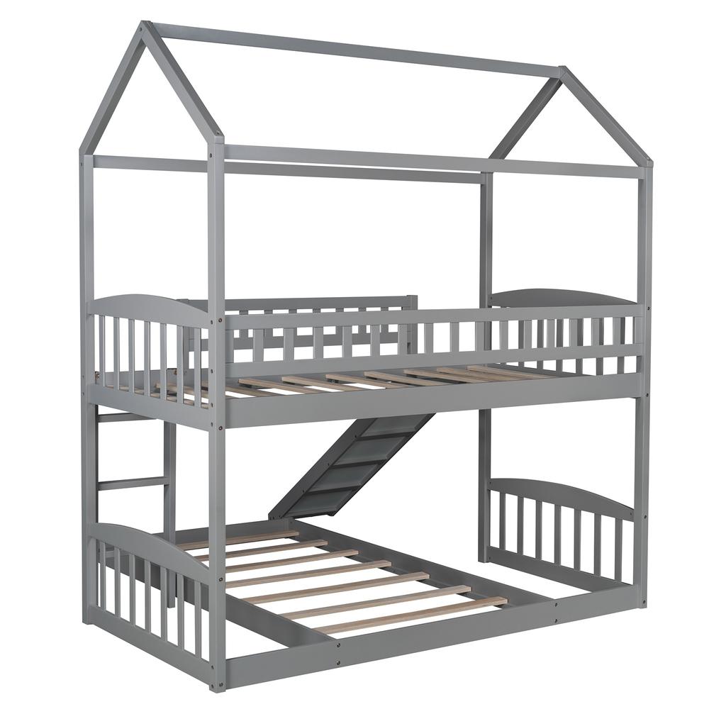 Gray Playhouse Frame Full Over Full Perpendicular Bunk Bed with Slide. Picture 5