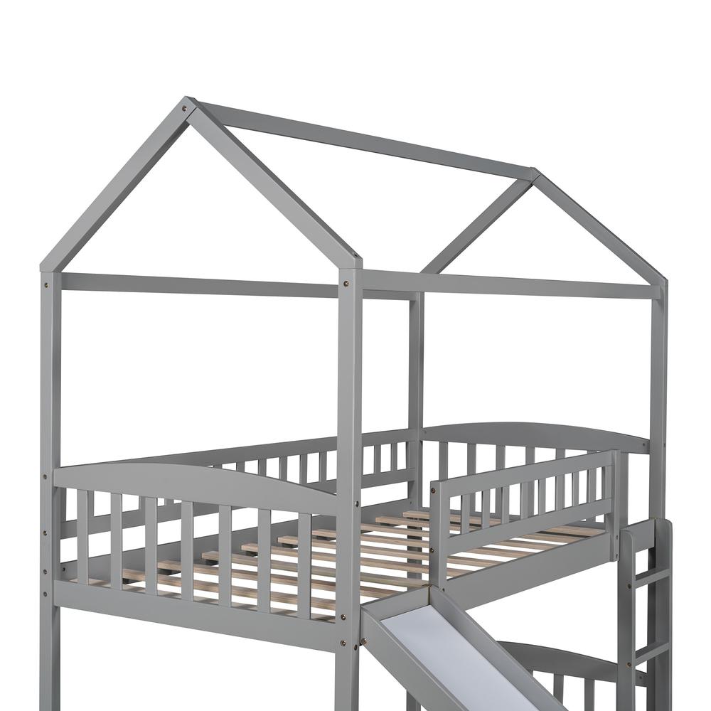 Gray Playhouse Frame Full Over Full Perpendicular Bunk Bed with Slide. Picture 6