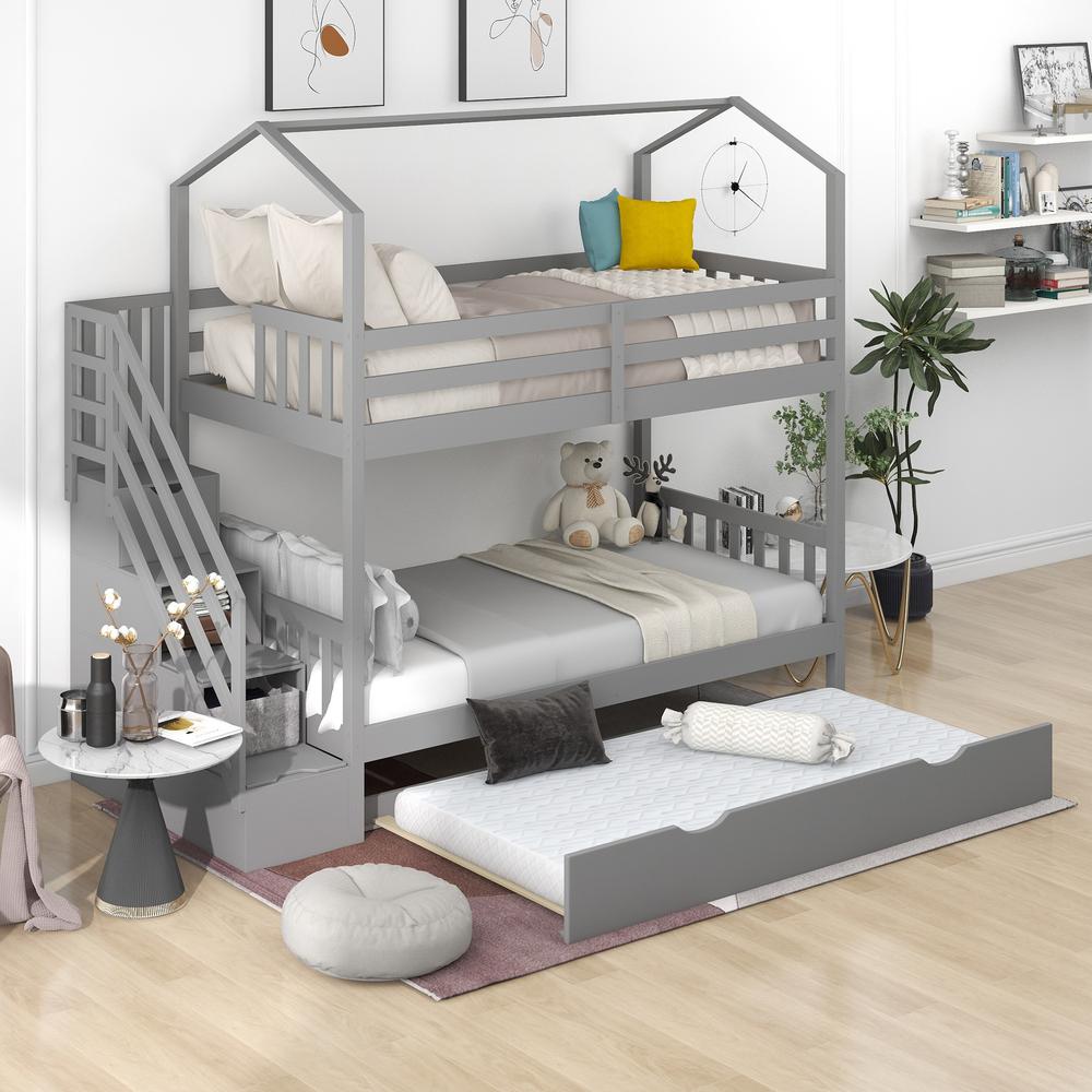 Gray Twin Over Twin Playhouse Bunk Bed with Trundle and Staircase. Picture 6