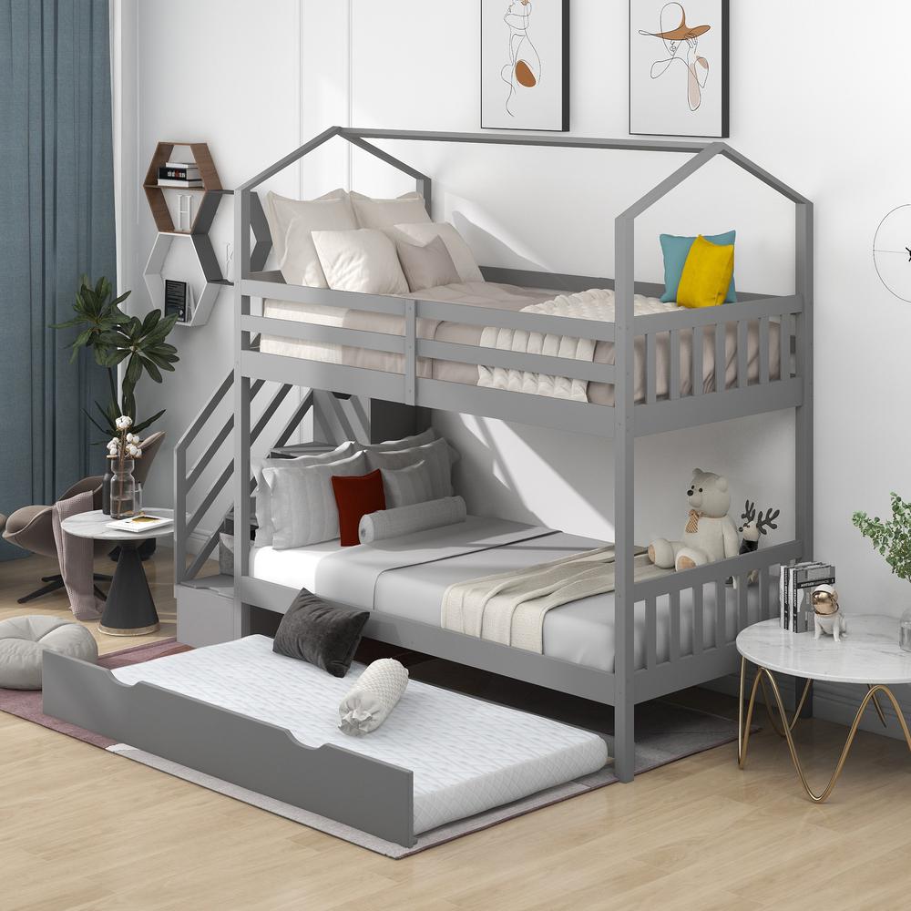 Gray Twin Over Twin Playhouse Bunk Bed with Trundle and Staircase. Picture 8
