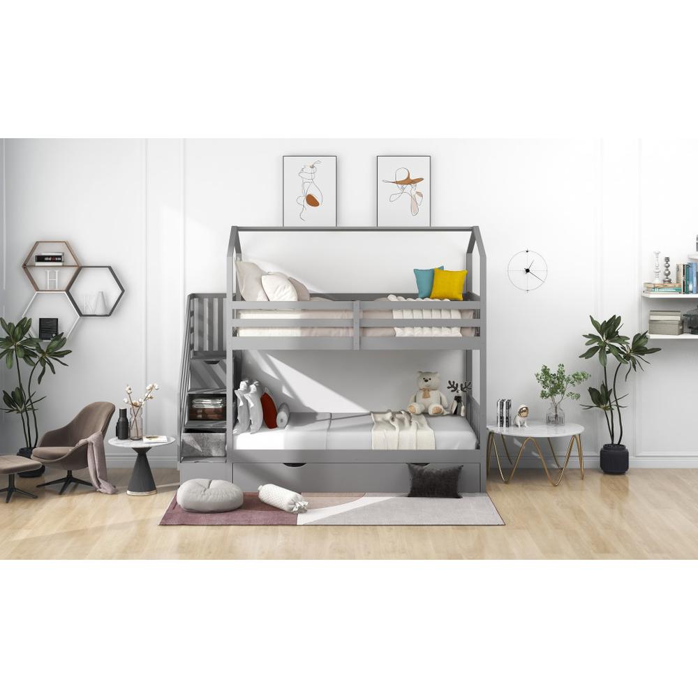 Gray Twin Over Twin Playhouse Bunk Bed with Trundle and Staircase. Picture 9