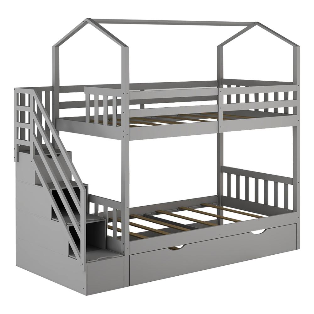 Gray Twin Over Twin Playhouse Bunk Bed with Trundle and Staircase. Picture 1