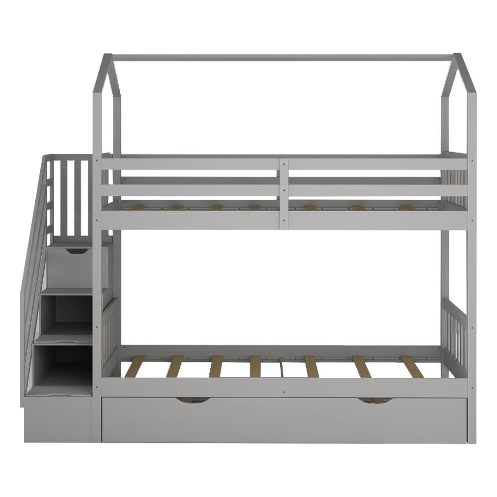 Gray Twin Over Twin Playhouse Bunk Bed with Trundle and Staircase. Picture 2