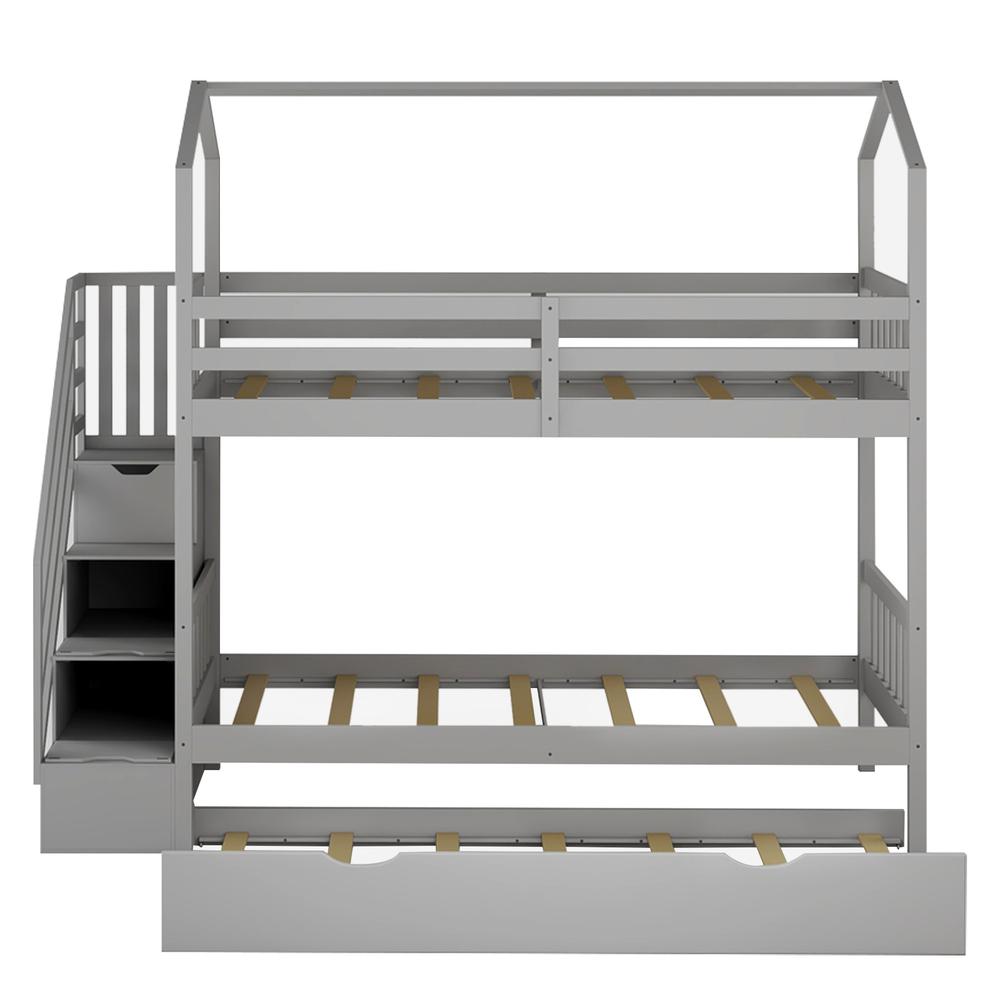 Gray Twin Over Twin Playhouse Bunk Bed with Trundle and Staircase. Picture 3