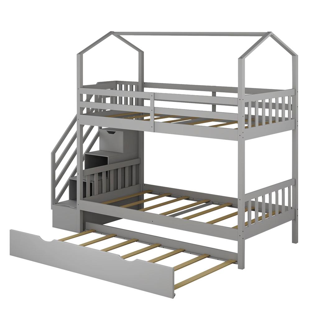 Gray Twin Over Twin Playhouse Bunk Bed with Trundle and Staircase. Picture 4