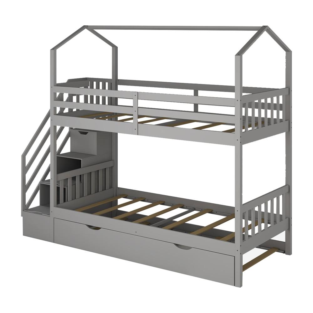 Gray Twin Over Twin Playhouse Bunk Bed with Trundle and Staircase. Picture 5