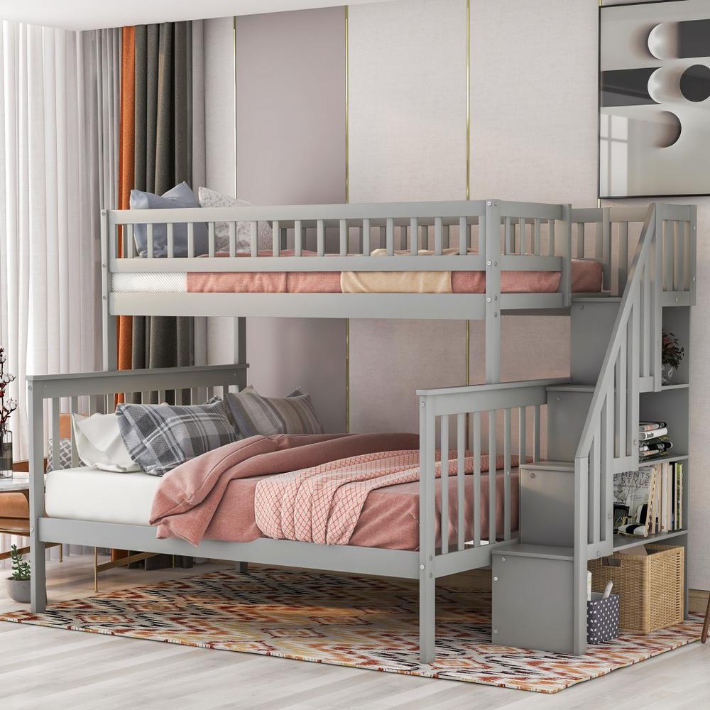 Gray Twin Over Full Farmhouse Style Bunk Bed with Staircase. Picture 5