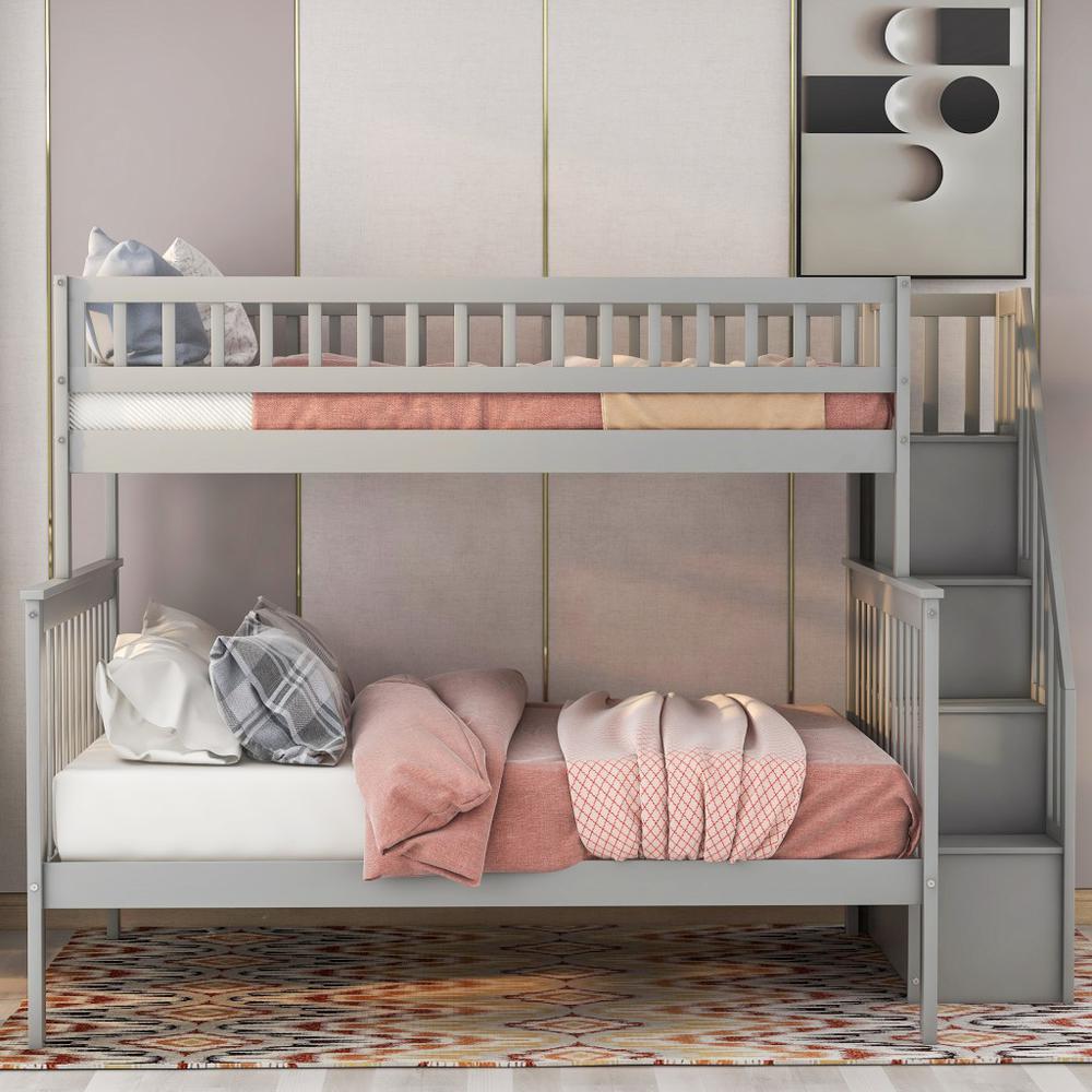 Gray Twin Over Full Farmhouse Style Bunk Bed with Staircase. Picture 6
